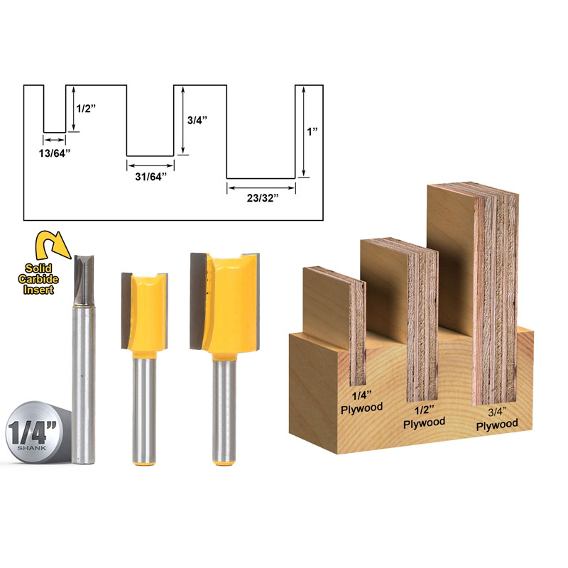 3 Bit Undersized Dado 3/4" 1/2" & 1/4" Plywood Router Bit Set