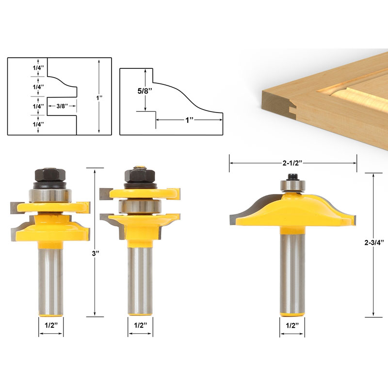 Ogee 3 Pieces Raised Panel Cabinet Door 1/2" Shank Router Bit Set